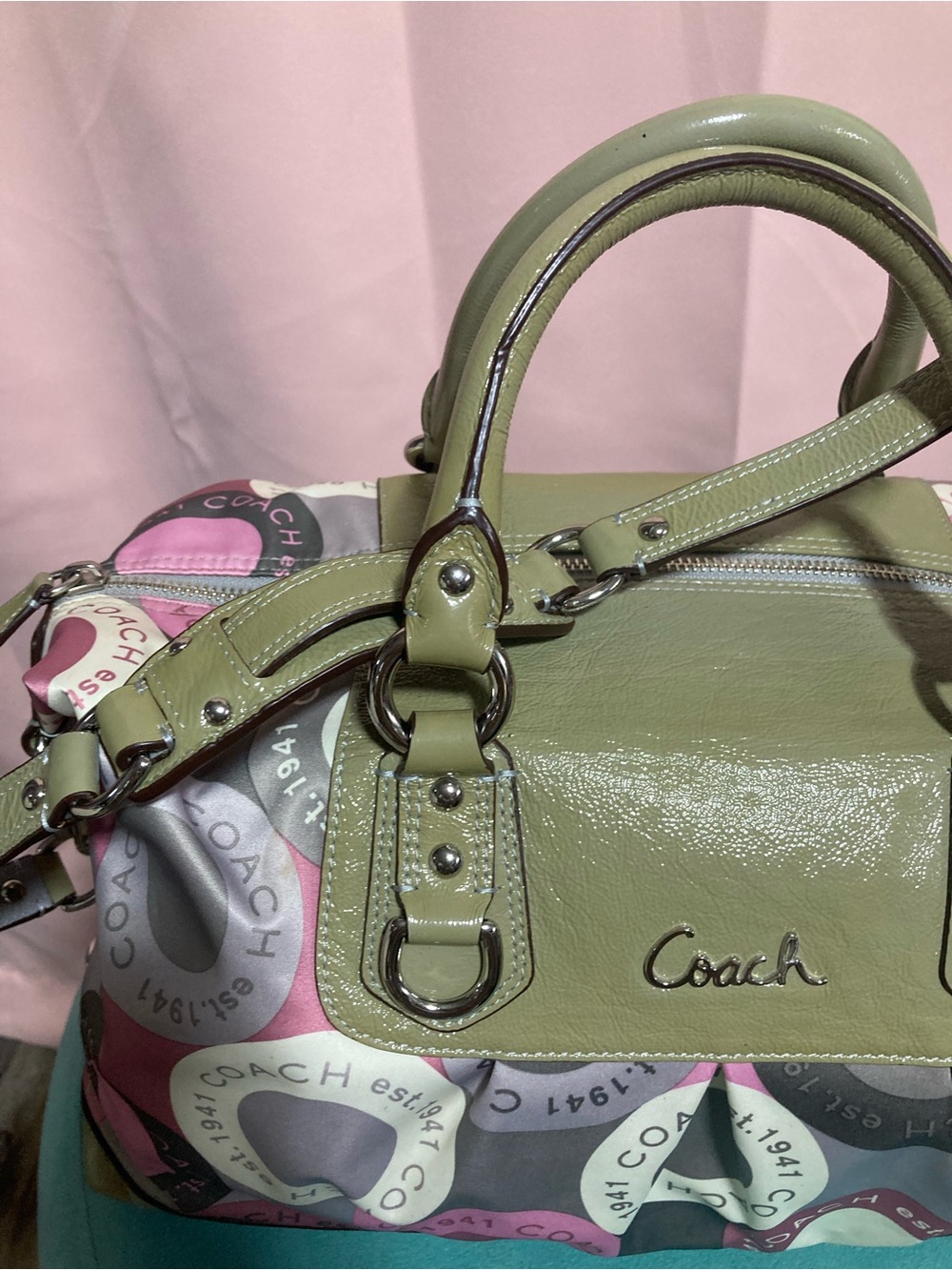 Coach Olive Green & Pink Circle Print Satchel - Picture 4 of 9